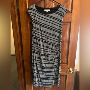 LOFT black/white stripe print sleeveless mini/midi wrap sheath dress XL like new